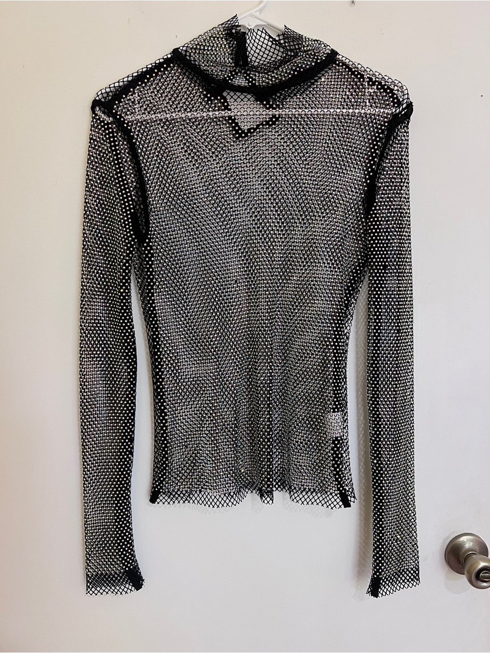 Sheer Black Rhinestone Mesh Long-Sleeve Top
